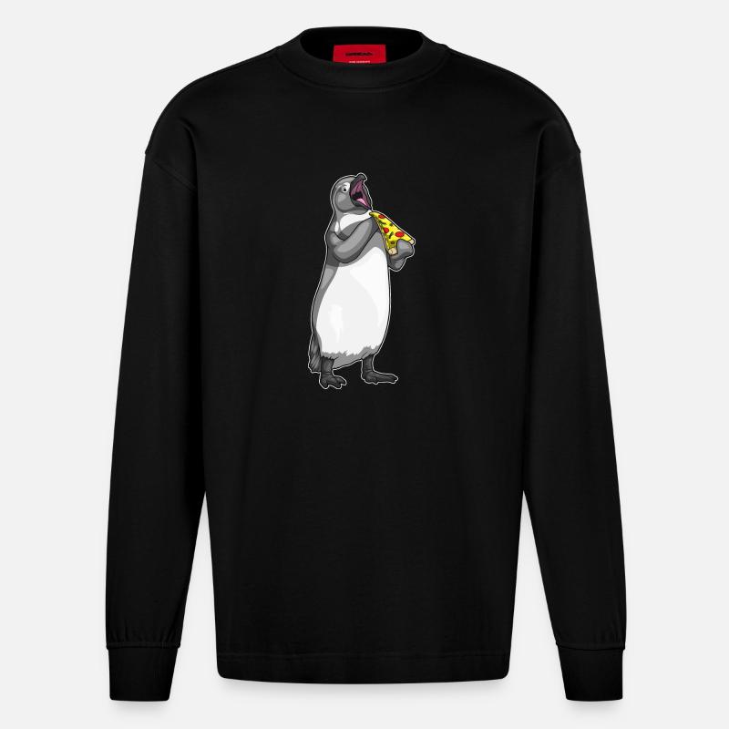 Pinguin Pizza - Heavyweight Oversized Organic Langarmshirt Made in EU - SOLID BLACK
