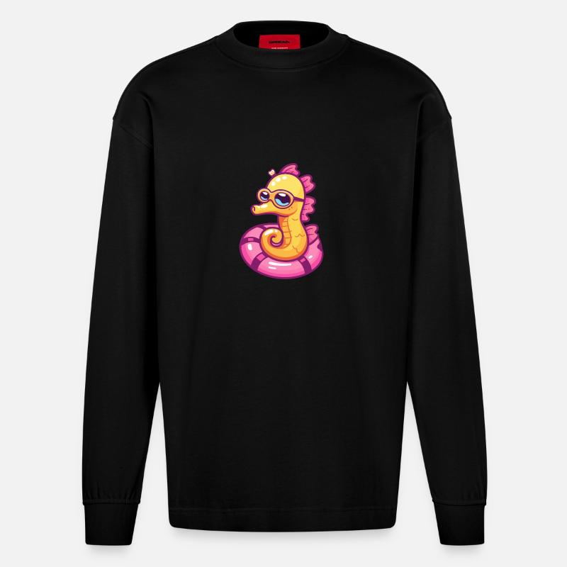 Seepferd Comic Cool - Heavyweight Oversized Organic Langarmshirt Made in EU - SOLID BLACK