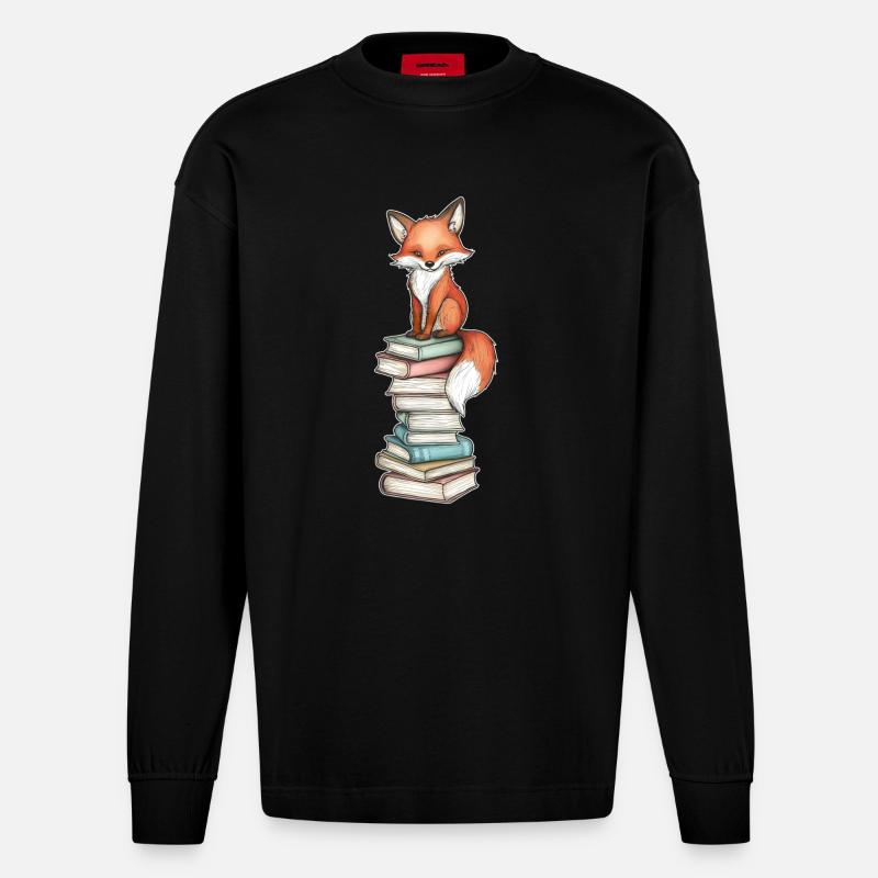 Fuchs auf Bücherstapel - Heavyweight Oversized Organic Langarmshirt Made in EU - SOLID BLACK