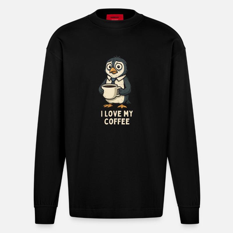 Kaffeepinguin liebt Kaffee - Heavyweight Oversized Organic Langarmshirt Made in EU - SOLID BLACK