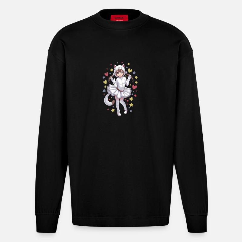 Anime-Mädchen in einem Katzenkostüm - Heavyweight Oversized Organic Langarmshirt Made in EU - SOLID BLACK