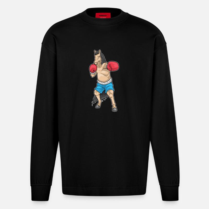 Pferd Boxer Boxhandschuhe Boxen - Heavyweight Oversized Organic Langarmshirt Made in EU - SOLID BLACK
