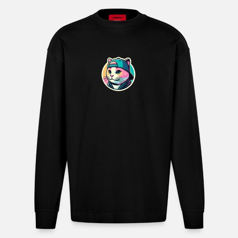 Katze mit Kappe in Pastell - Heavyweight Oversized Organic Langarmshirt Made in EU - SOLID BLACK