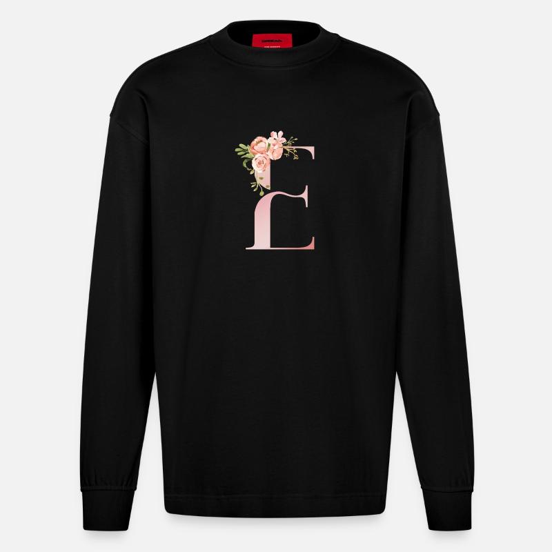 Pastellflorales Monogramm E - Heavyweight Oversized Organic Langarmshirt Made in EU - SOLID BLACK