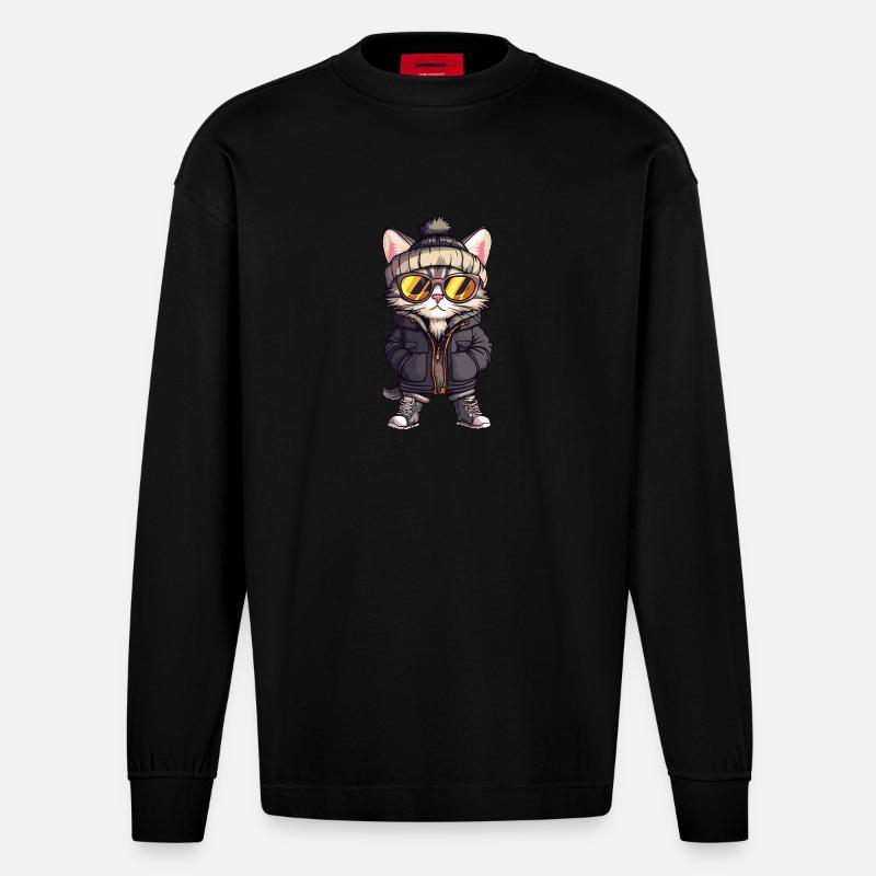 Katze Winter Comic - Heavyweight Oversized Organic Langarmshirt Made in EU - SOLID BLACK