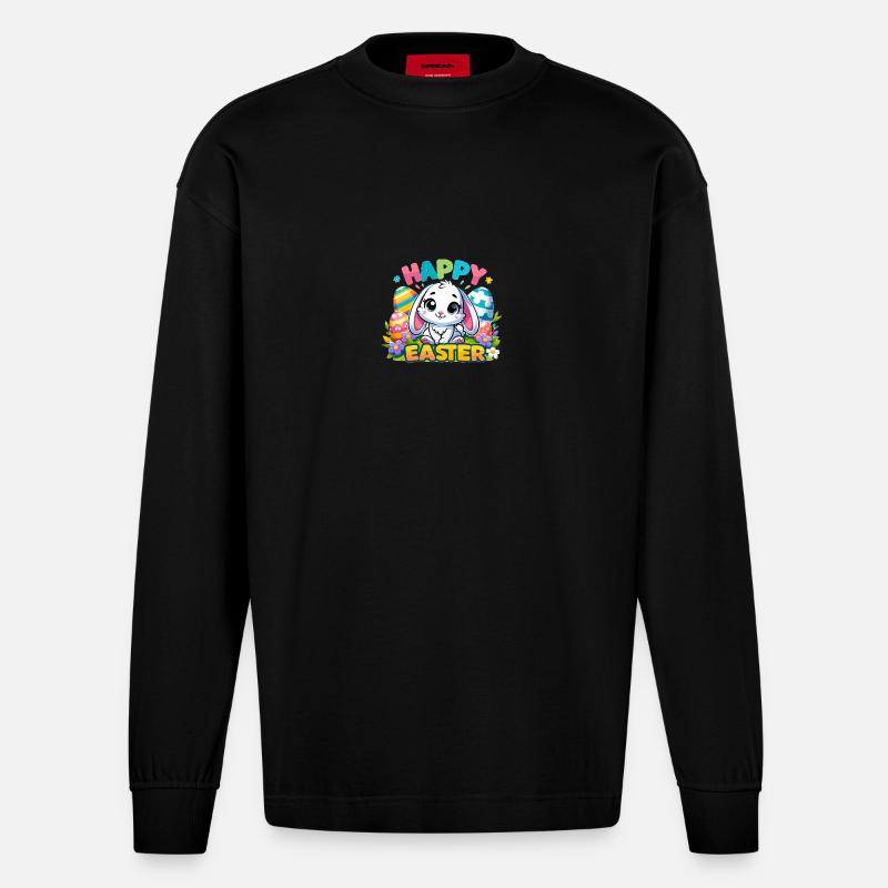 Happy Easter - Easter Bunny Illustration - Heavyweight Oversized Organic Longsleeve Shirt Made in EU - SOLID BLACK