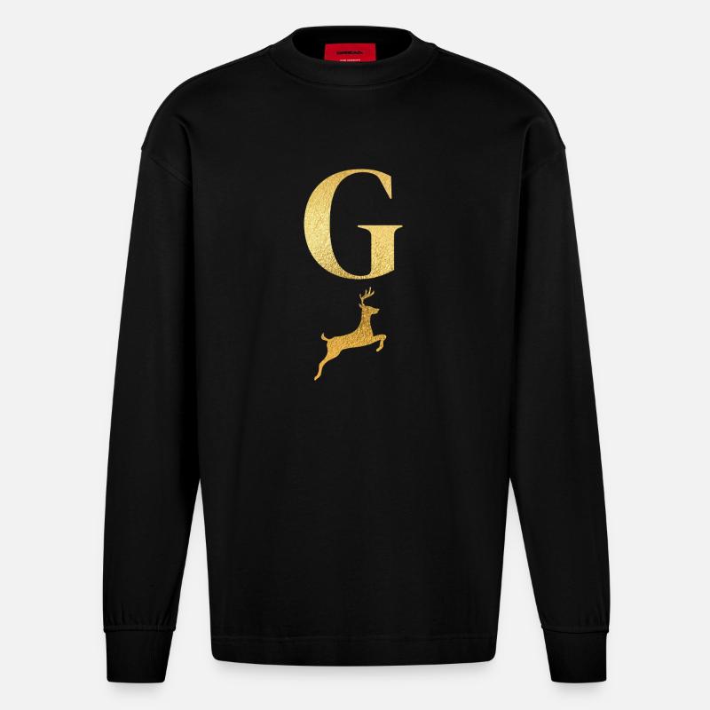 Buchstabe g goldener Hirsch - Geschenkidee - Heavyweight Oversized Organic Langarmshirt Made in EU - SOLID BLACK