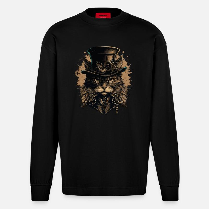Chat Steampunk - Manches longues bio épais oversize fabriqué en UE - SOLID BLACK