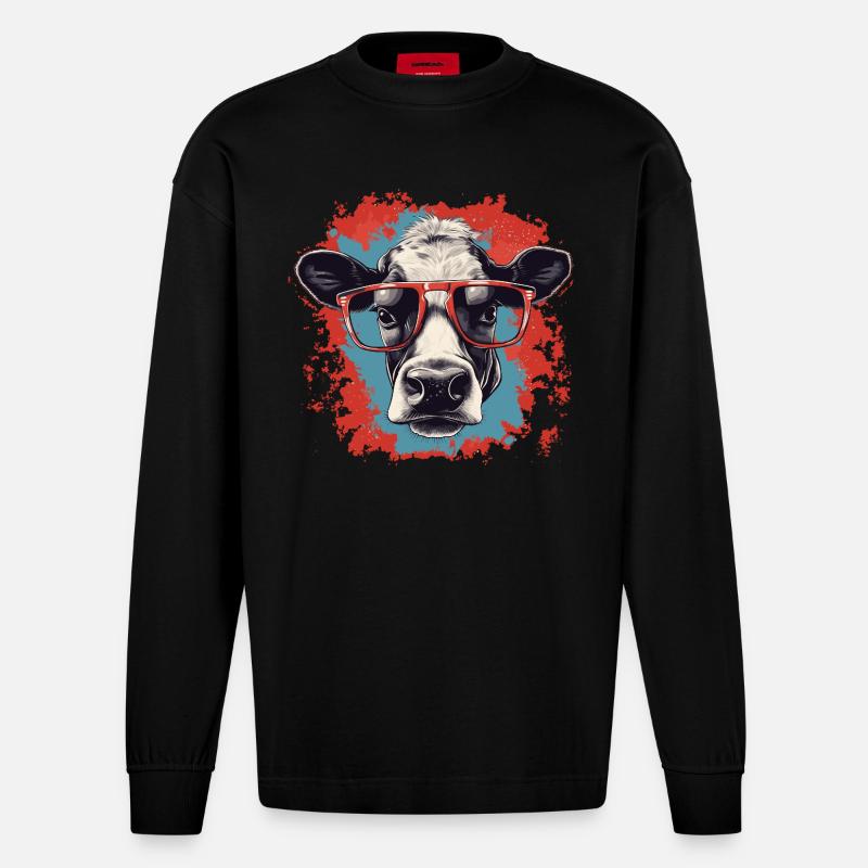 Kuh mit Nerdbrille - Heavyweight Oversized Organic Langarmshirt Made in EU - SOLID BLACK