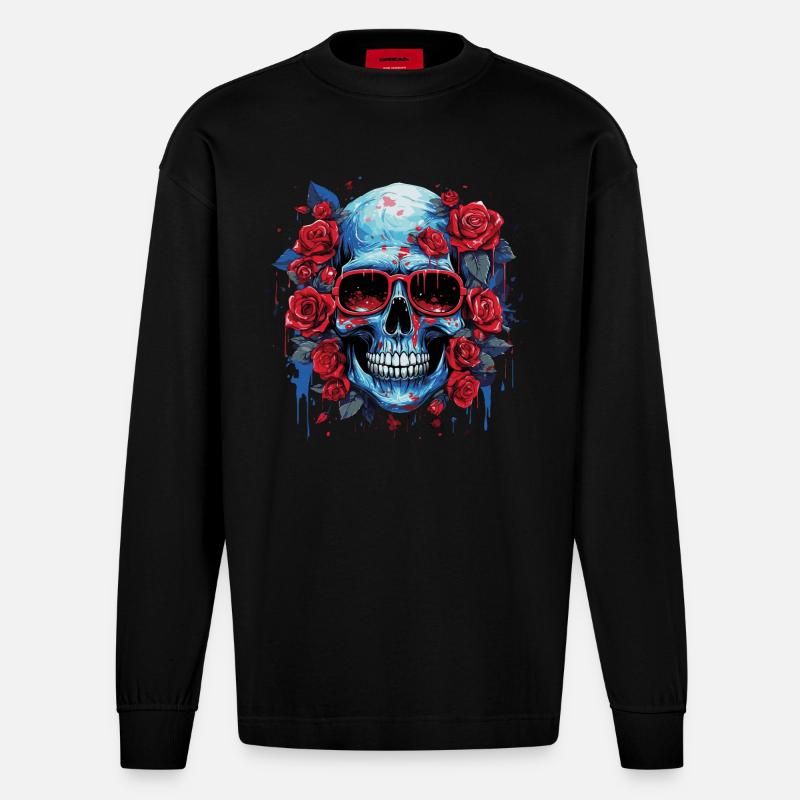 Grinsender Blumenschädel - Heavyweight Oversized Organic Langarmshirt Made in EU - SOLID BLACK