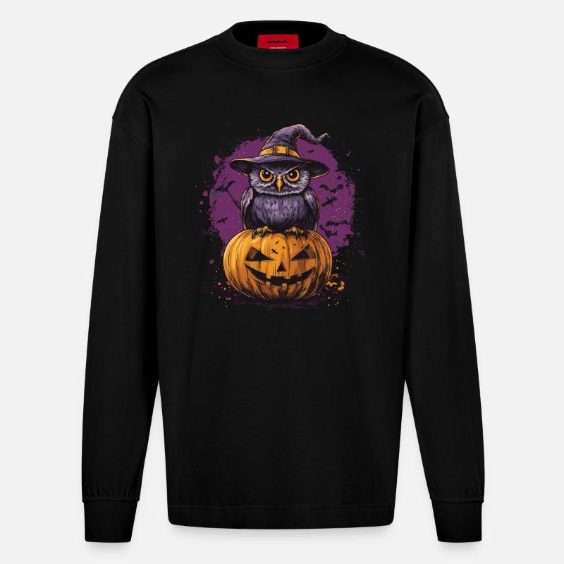 Lustige Halloween Eule - Heavyweight Oversized Organic Langarmshirt Made in EU - SOLID BLACK