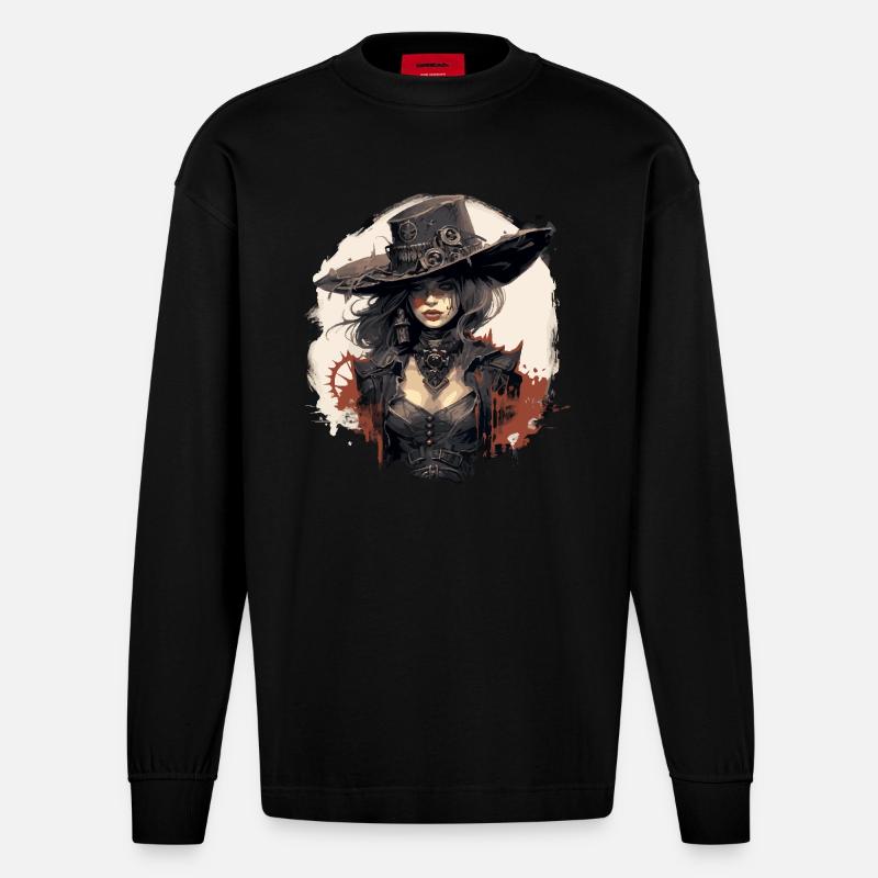 Emo Cowboy Steampunk Mädchen - Heavyweight Oversized Organic Langarmshirt Made in EU - SOLID BLACK