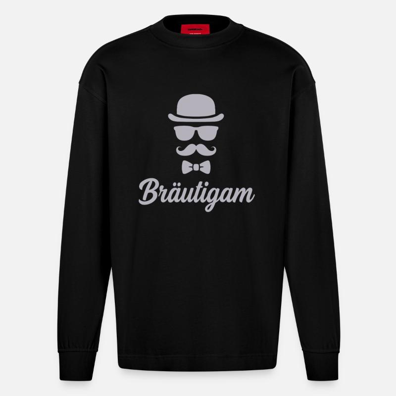 Bräutigam JGA Hut Schnurrbart - Heavyweight Oversized Organic Langarmshirt Made in EU - SOLID BLACK