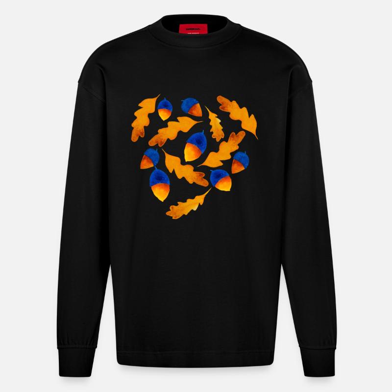 Herbst Muster Eicheln Geschenk - Heavyweight Oversized Organic Langarmshirt Made in EU - SOLID BLACK