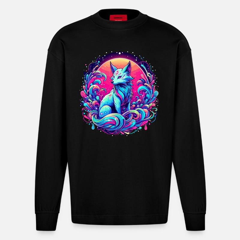 Fuchs Kunst Psychedelisch - Heavyweight Oversized Organic Langarmshirt Made in EU - SOLID BLACK