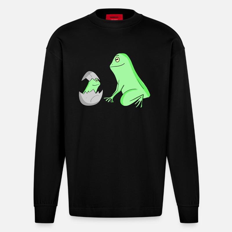 Grenouille avec bébé grenouille - Manches longues bio épais oversize fabriqué en UE - SOLID BLACK