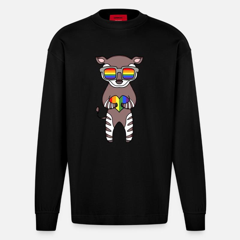 Arc-en-ciel d’okapi animal LGBT - Manches longues bio épais oversize fabriqué en UE - SOLID BLACK