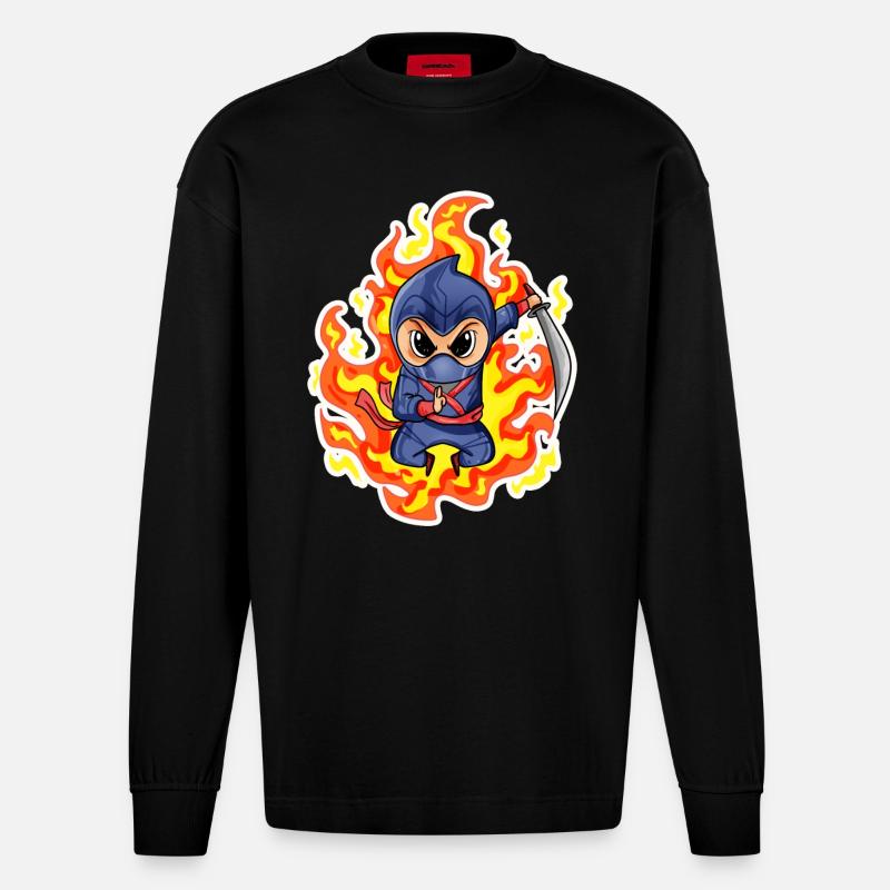 Ninja Rouge Feu - Manches longues bio épais oversize fabriqué en UE - SOLID BLACK
