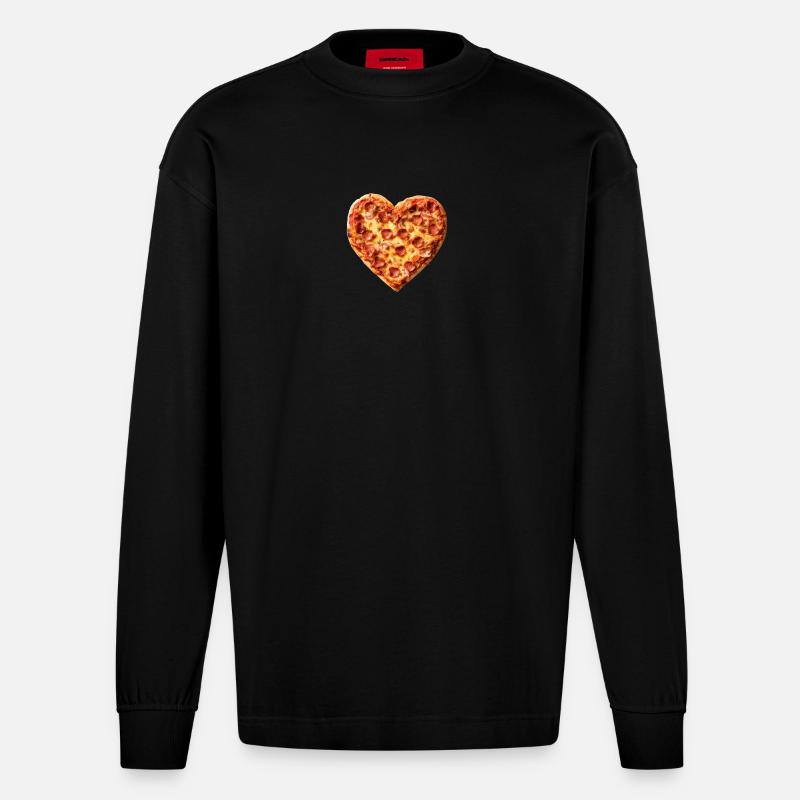Herz-Pepperoni Pizza Muster - Heavyweight Oversized Organic Langarmshirt Made in EU - SOLID BLACK