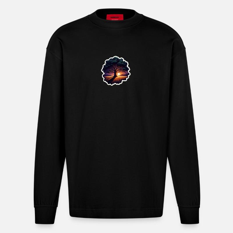 Sonnenuntergangsbaum Sticker - Heavyweight Oversized Organic Langarmshirt Made in EU - SOLID BLACK