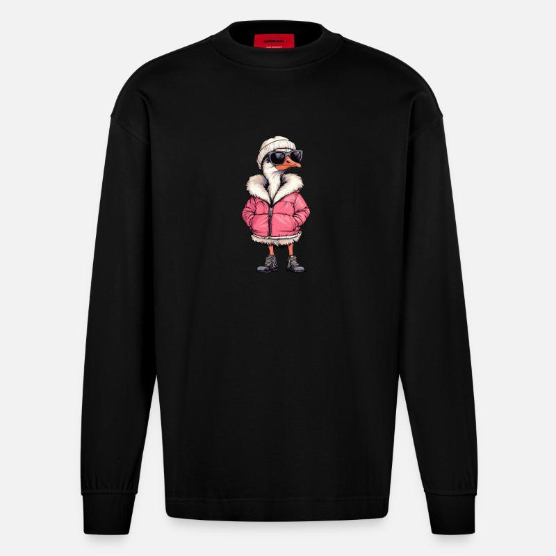 Ostrich Winter Comic - Heavyweight Oversized Organic Longsleeve Shirt Made in EU - SOLID BLACK