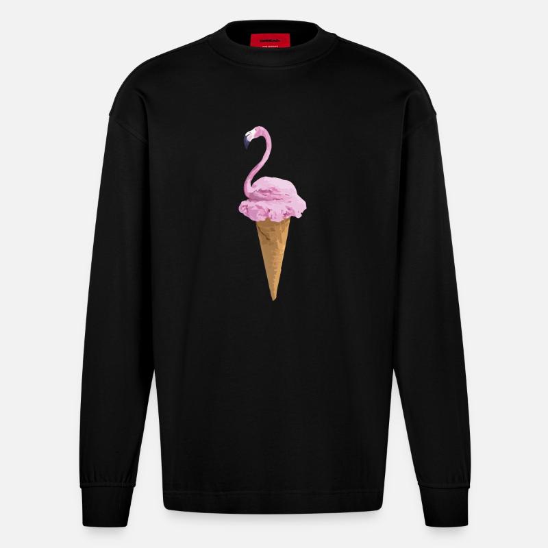 Flamingo mit Eiscreme - Heavyweight Oversized Organic Langarmshirt Made in EU - SOLID BLACK
