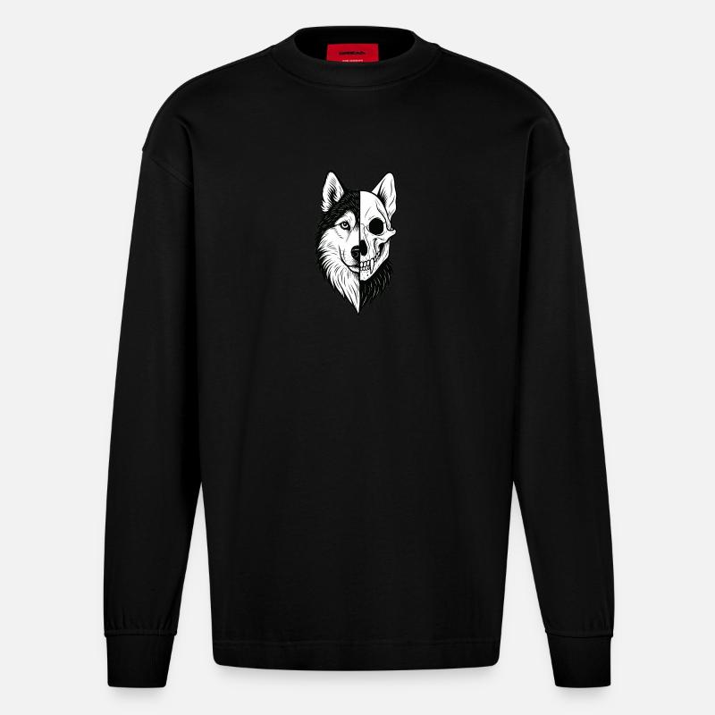 Husky Schädel Wolf - Heavyweight Oversized Organic Langarmshirt Made in EU - SOLID BLACK