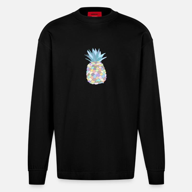 Pastellfarbene Ananas - Heavyweight Oversized Organic Langarmshirt Made in EU - SOLID BLACK