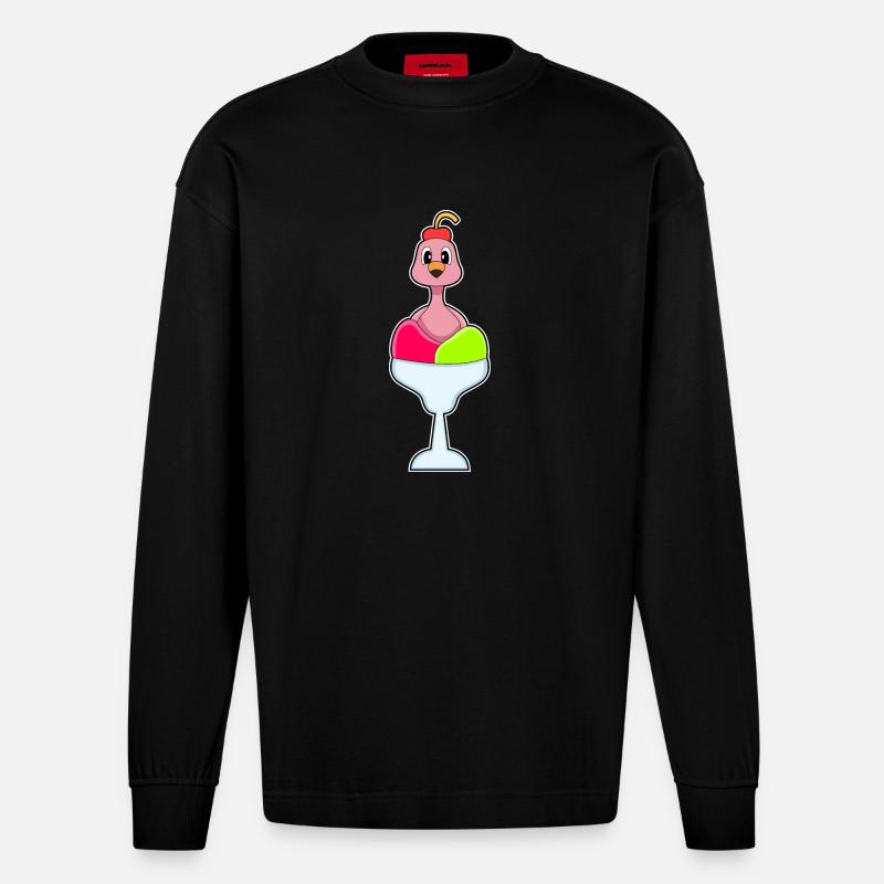 Flamingo Eisbecher - Heavyweight Oversized Organic Langarmshirt Made in EU - SOLID BLACK
