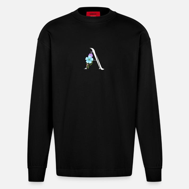 Eleganter Buchstabe 'A' mit Blumen - Heavyweight Oversized Organic Langarmshirt Made in EU - SOLID BLACK