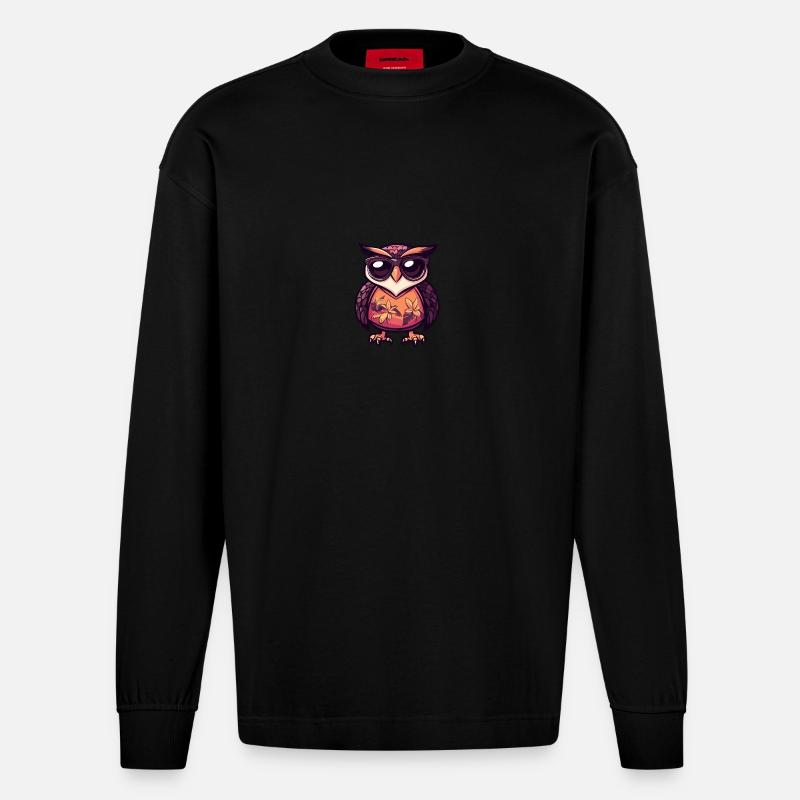 Eule Comic Cool Sommer - Heavyweight Oversized Organic Langarmshirt Made in EU - SOLID BLACK