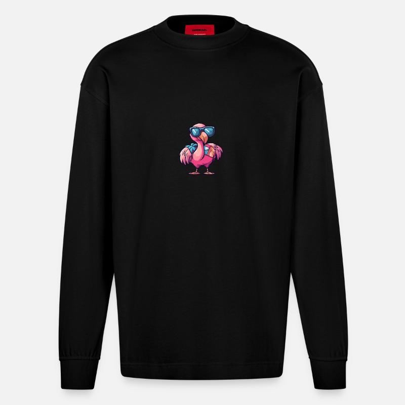 Flamingo Comic Cool Sommer - Heavyweight Oversized Organic Langarmshirt Made in EU - SOLID BLACK
