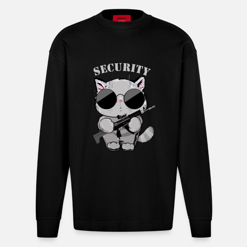 Katzen-Sicherheitsagent mit Waffe - Heavyweight Oversized Organic Langarmshirt Made in EU - SOLID BLACK