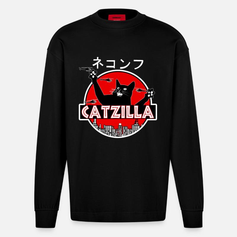 Catzilla Katze - Heavyweight Oversized Organic Langarmshirt Made in EU - SOLID BLACK