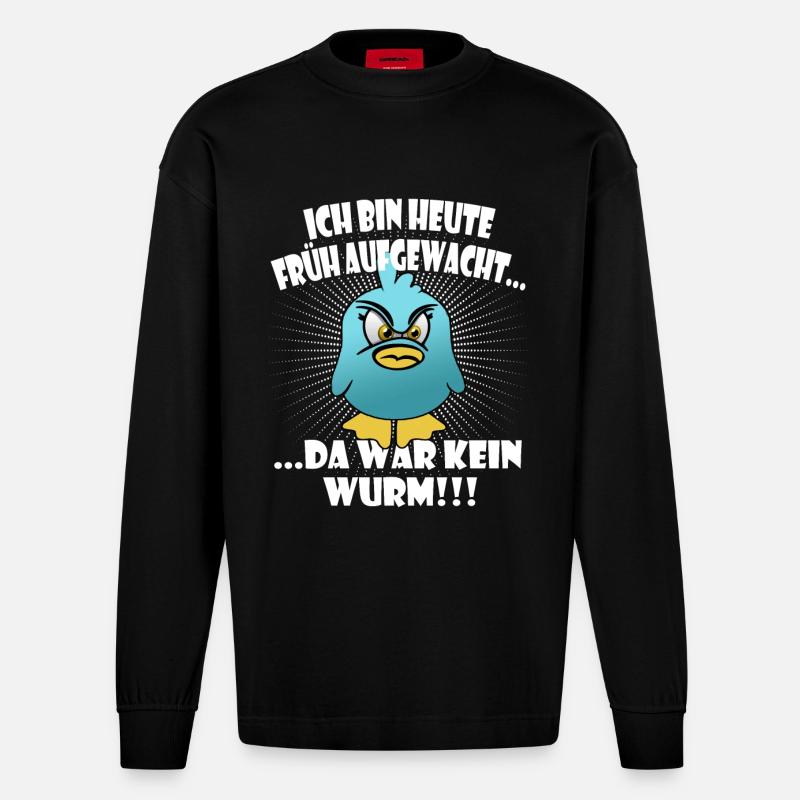 Lustiger "Der frühe Vogel" Spruch - Heavyweight Oversized Organic Langarmshirt Made in EU - SOLID BLACK