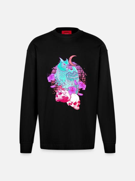 Pastel Goth Skull Owl Aesthetic Clothes Moon - Heavyweight Oversized Organic Longsleeve Shirt Made in EU - SOLID BLACK