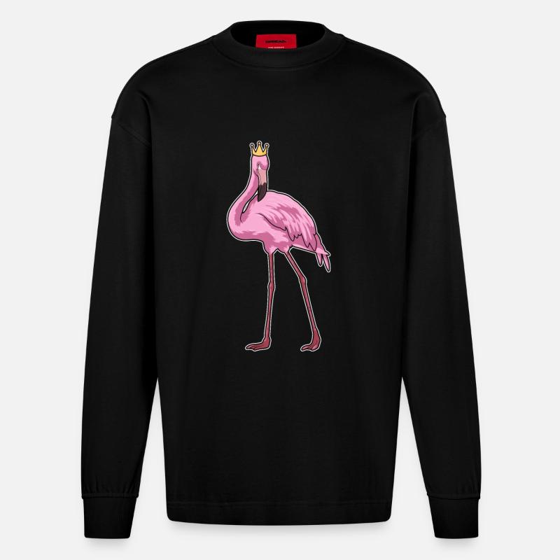 Flamant rose avec couronne - Manches longues bio épais oversize fabriqué en UE - SOLID BLACK