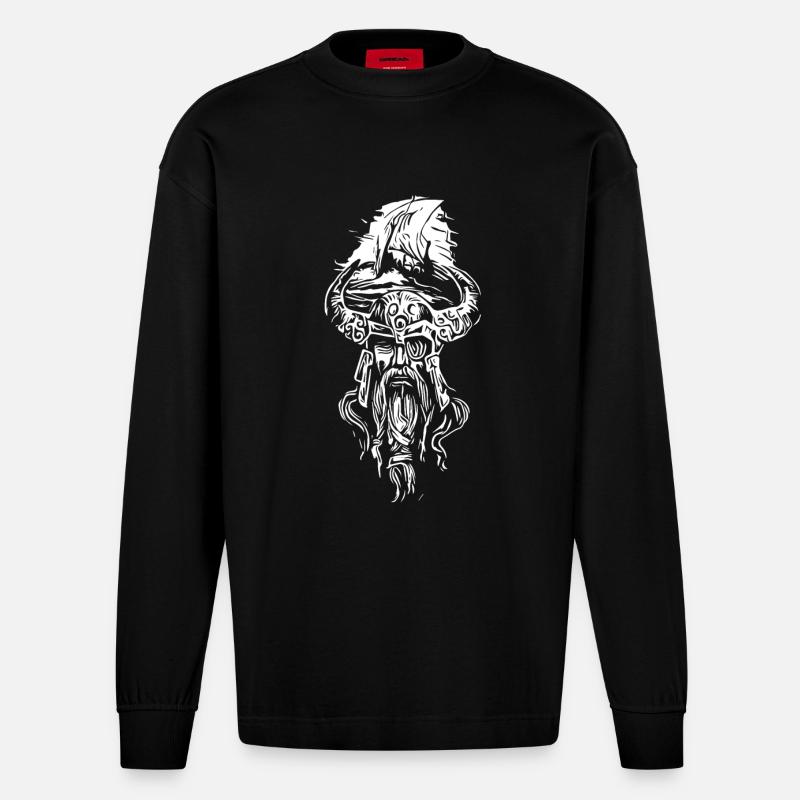 Wikinger mit Segelschiff - Heavyweight Oversized Organic Langarmshirt Made in EU - SOLID BLACK