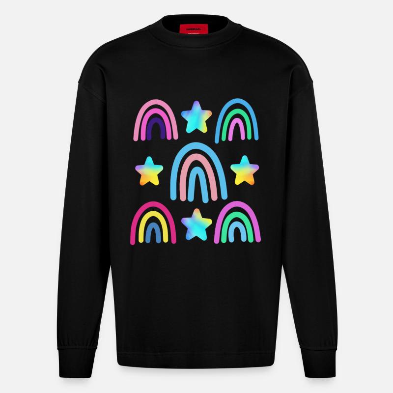 bunter Regenbogen und Sterne - Heavyweight Oversized Organic Langarmshirt Made in EU - SOLID BLACK
