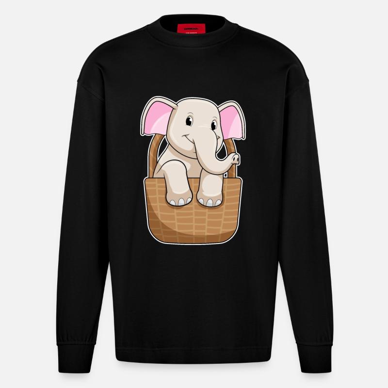 Éléphant avec panier - Manches longues bio épais oversize fabriqué en UE - SOLID BLACK