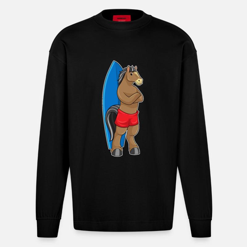 Pferd als Surfer mit Surfbrett - Heavyweight Oversized Organic Langarmshirt Made in EU - SOLID BLACK