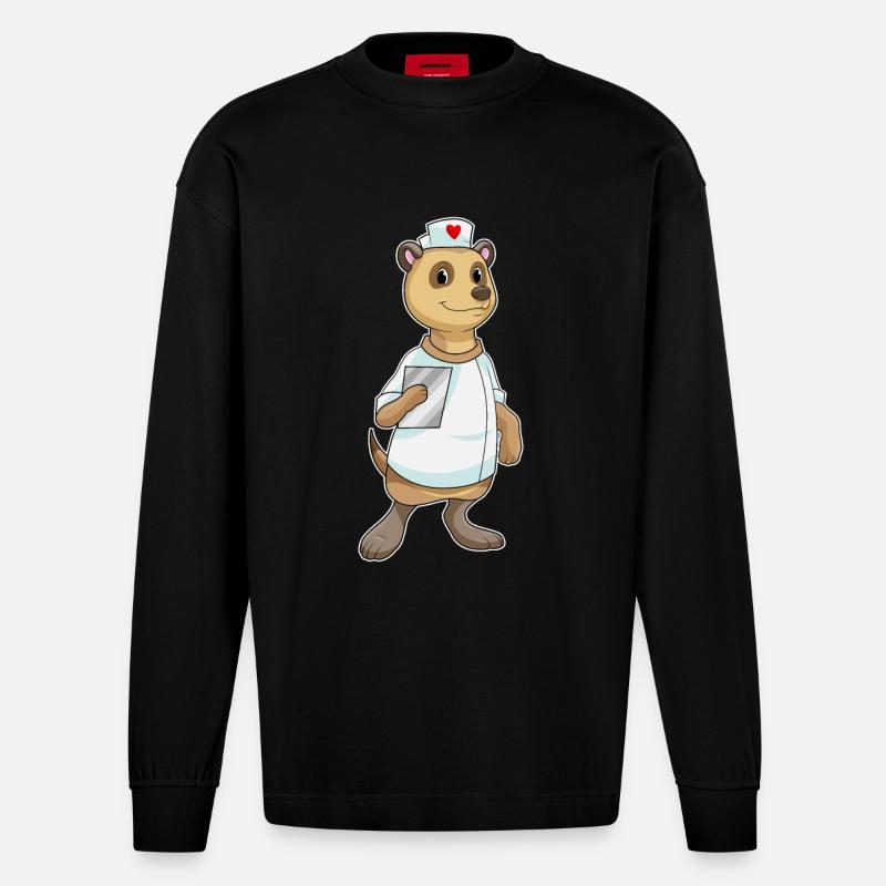 Erdmännchen als Krankenschwester mit Herz - Heavyweight Oversized Organic Langarmshirt Made in EU - SOLID BLACK