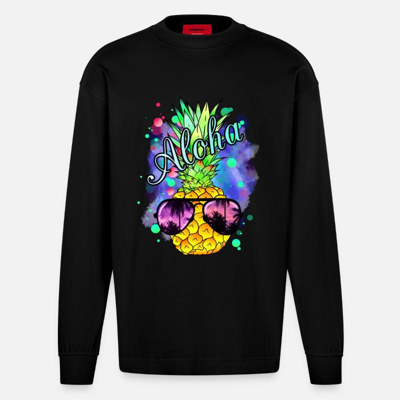 Bunte Ananas mit cooler Sonnenbrille - Heavyweight Oversized Organic Langarmshirt Made in EU - SOLID BLACK
