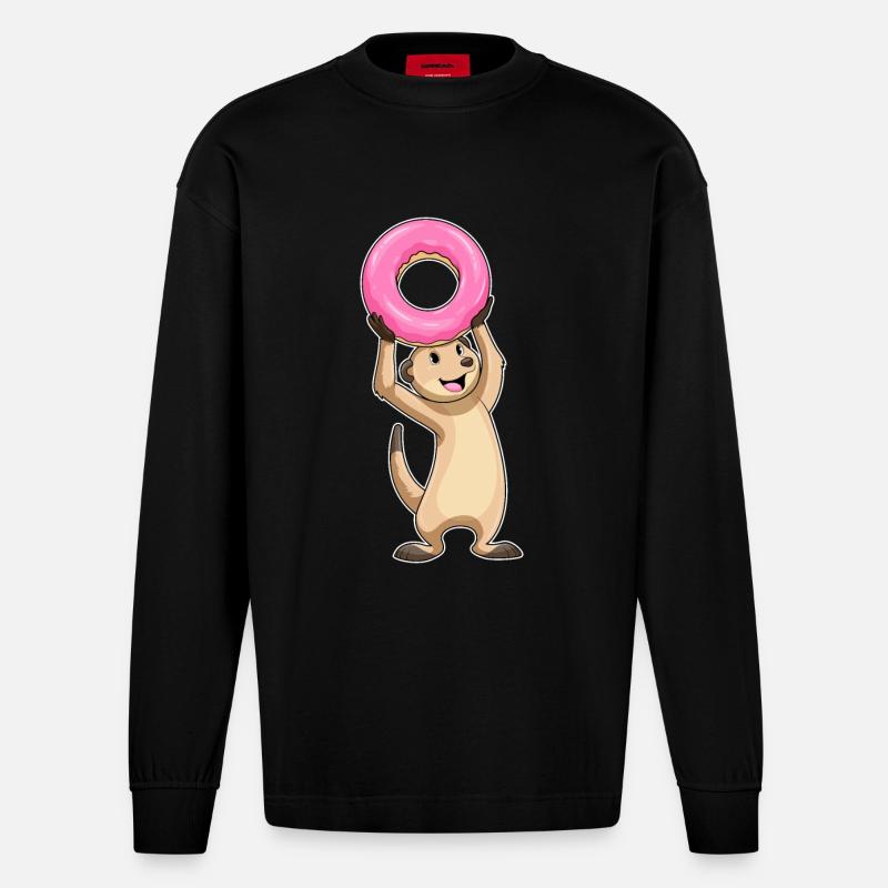 Erdmännchen mit Donut - Heavyweight Oversized Organic Langarmshirt Made in EU - SOLID BLACK