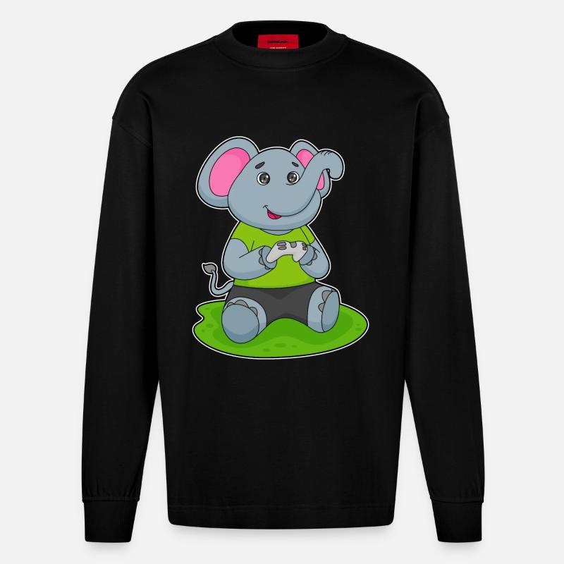 Elefant Gamer Controller - Heavyweight Oversized Organic Langarmshirt Made in EU - SOLID BLACK