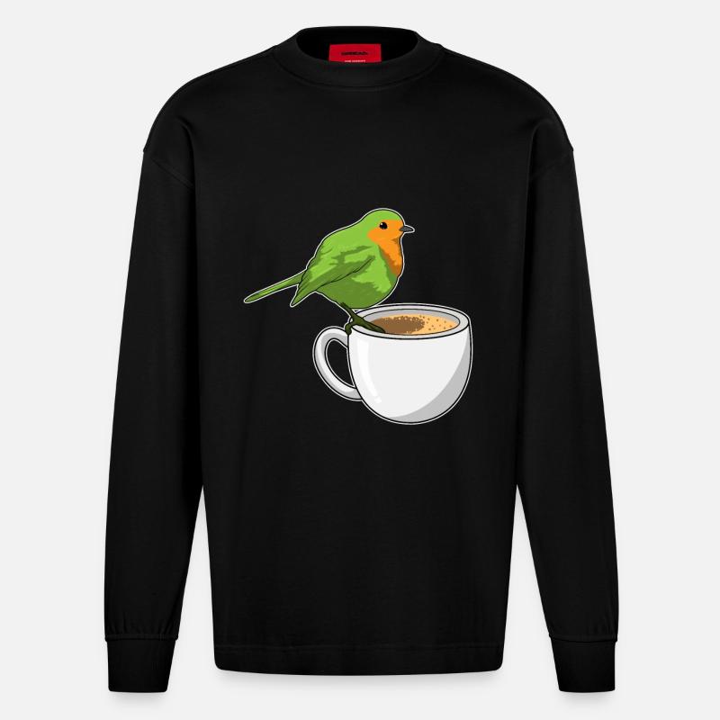 Vogel Kaffee Tasse - Heavyweight Oversized Organic Langarmshirt Made in EU - SOLID BLACK