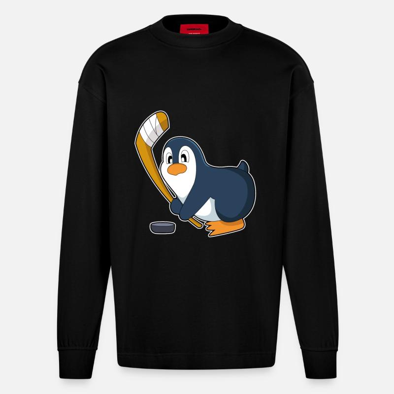 Pinguin Eishockey Eishockeyschläger - Heavyweight Oversized Organic Langarmshirt Made in EU - SOLID BLACK