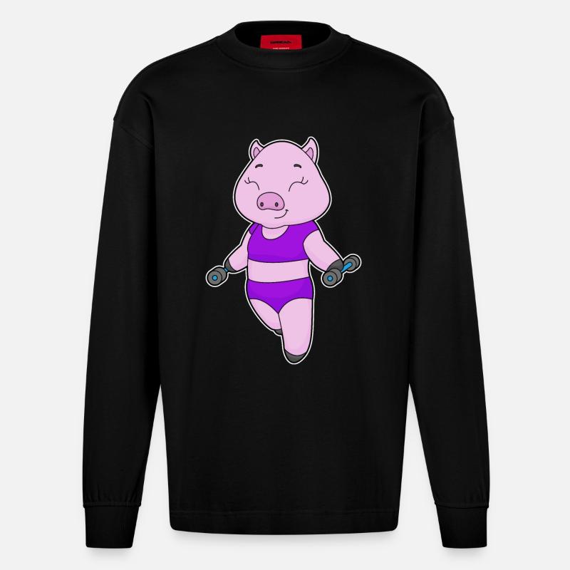 Bodybuilder cochon avec haltères - Manches longues bio épais oversize fabriqué en UE - SOLID BLACK