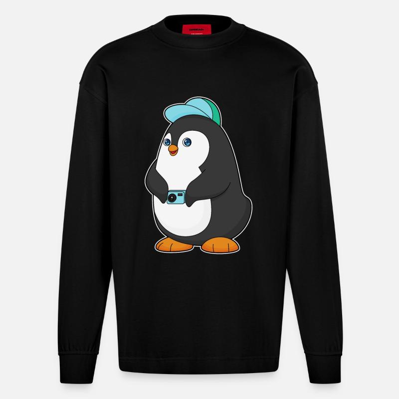 Pinguin Kamera - Heavyweight Oversized Organic Langarmshirt Made in EU - SOLID BLACK