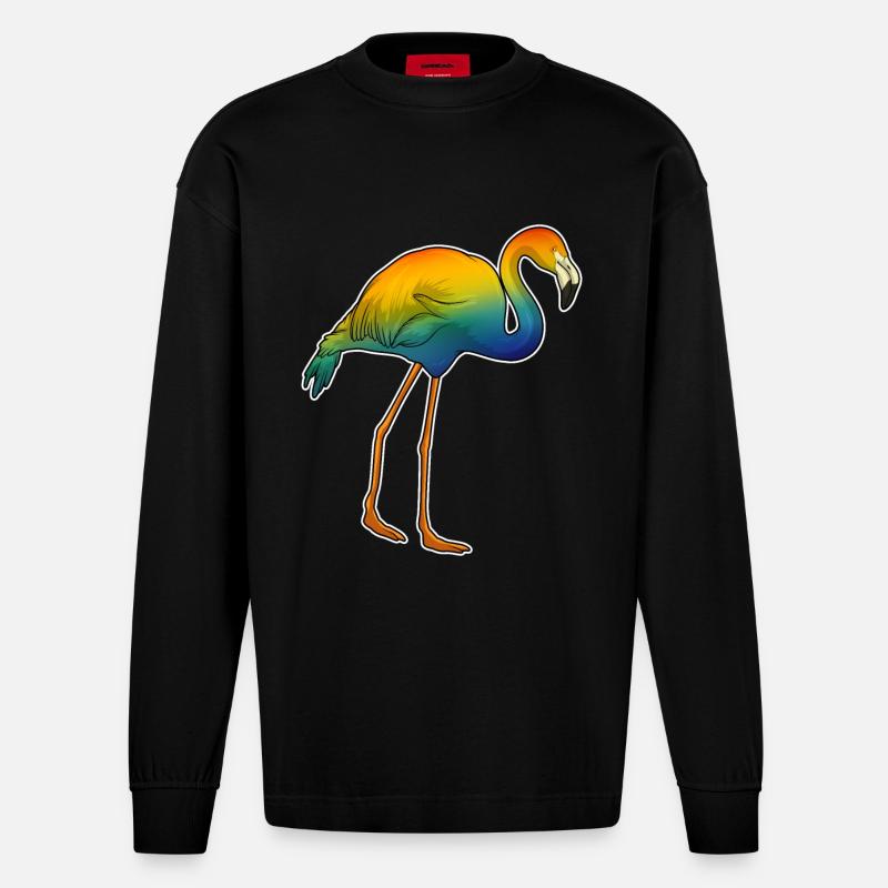 Flamingo Regenbogen - Heavyweight Oversized Organic Langarmshirt Made in EU - SOLID BLACK